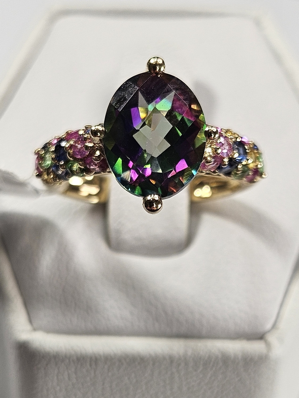 14K Solid Yellow Gold Mystic Topaz Multicolored Gemstone Cocktail/Engagment Ring